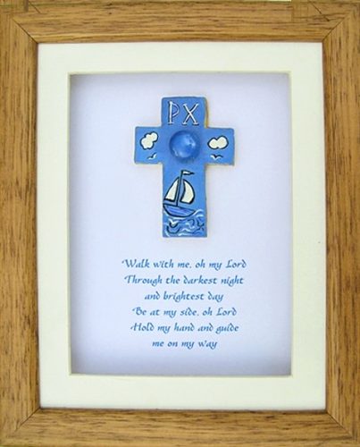 hand painted cross in frame with prayer