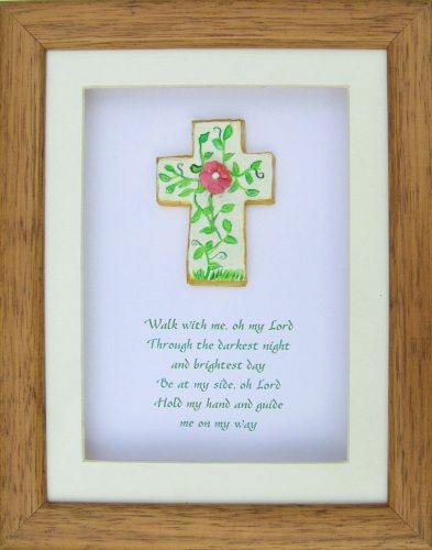 hand painted cross in frame with prayer